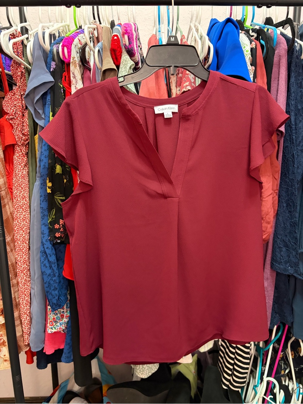Calvin Klein Burgundy V-Slit Flutter Sleeve Top